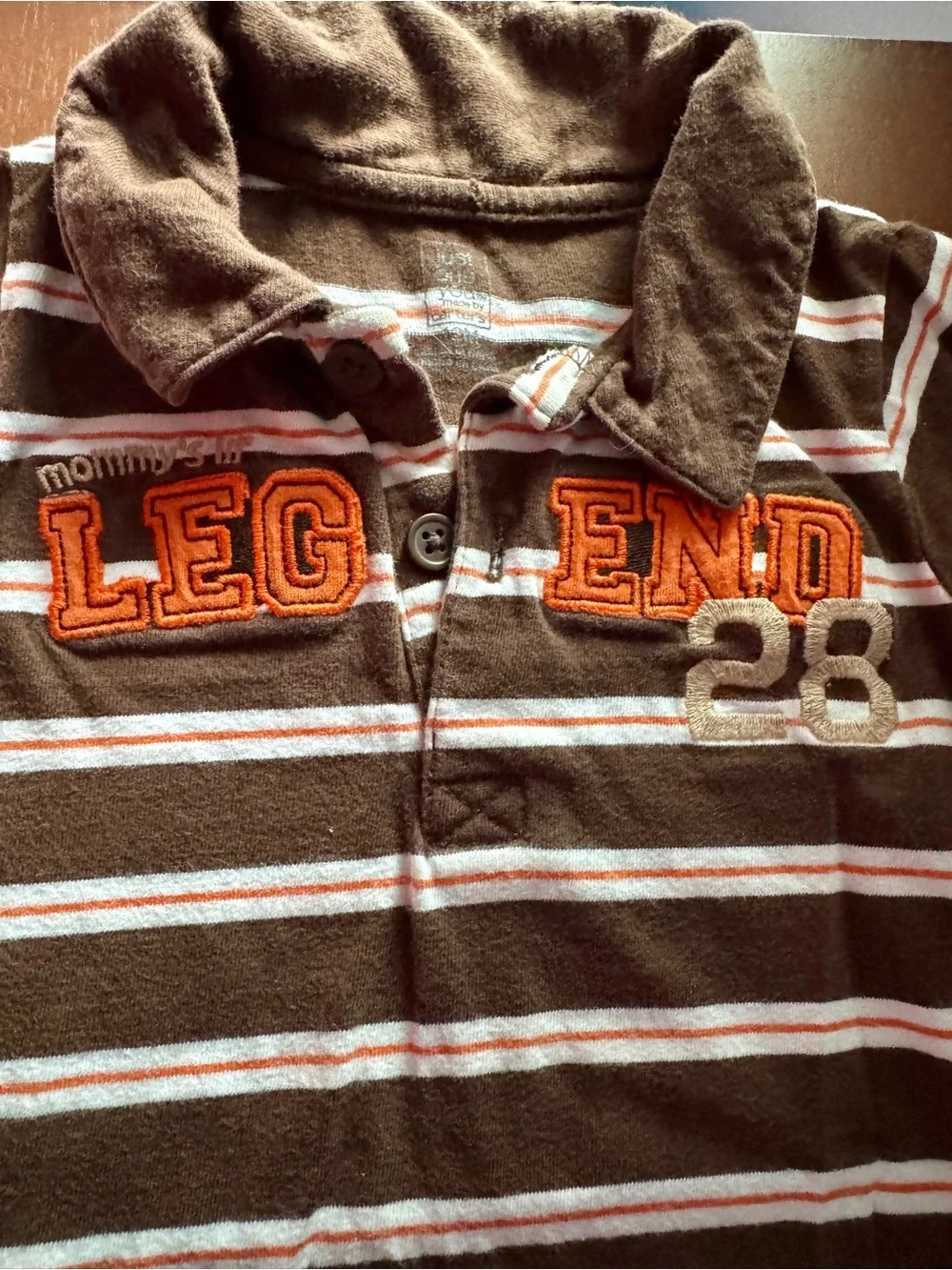 Carter’s Brown Striped Polo-Style One-Piece Bodysuit with 'Legend' embroidered.